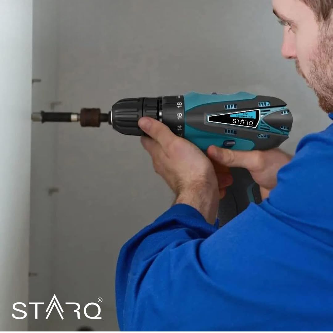 STARQ 12V Li-ion Dual Speed Keyless Chuck Drill |Cordless Drill | Drill Driver | Screwdriver with 2 Batteries, LED Torch Variable Speed and Torque Setting (18+1). (With Batteries)