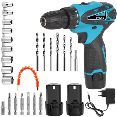 STARQ 12V Cordless Drill Machine Screwdriver Kit with bits 24pc | 10mm Keyless Chuck | 1500 MAH Batteries Torque (18+1) 1500 RPM|Reversible Variable Speed|Accessories in carrying tool kit case, Red