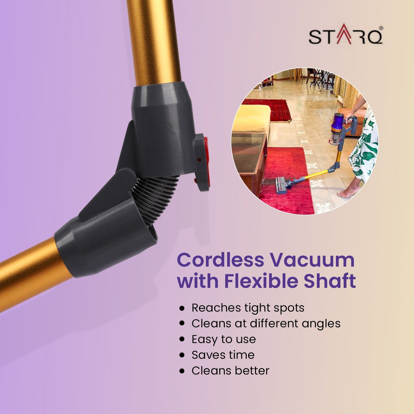 STARQ Flexibend Dry Vacuum Cleaner 2In1 Handheld & Foldable Stick |Touchscreen 400W & 28 kpa Strong Suction | Cordless, Hoseless & Rechargable | Bagless Design | Cyclonic suction | Washable HEPA Filter | Laser Guided Brush 60min Runtime Detachable Battery