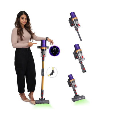 STARQ Flexibend Dry Vacuum Cleaner 2In1 Handheld & Foldable Stick |Touchscreen 400W & 28 kpa Strong Suction | Cordless, Hoseless & Rechargable | Bagless Design | Cyclonic suction | Washable HEPA Filter | Laser Guided Brush 60min Runtime Detachable Battery