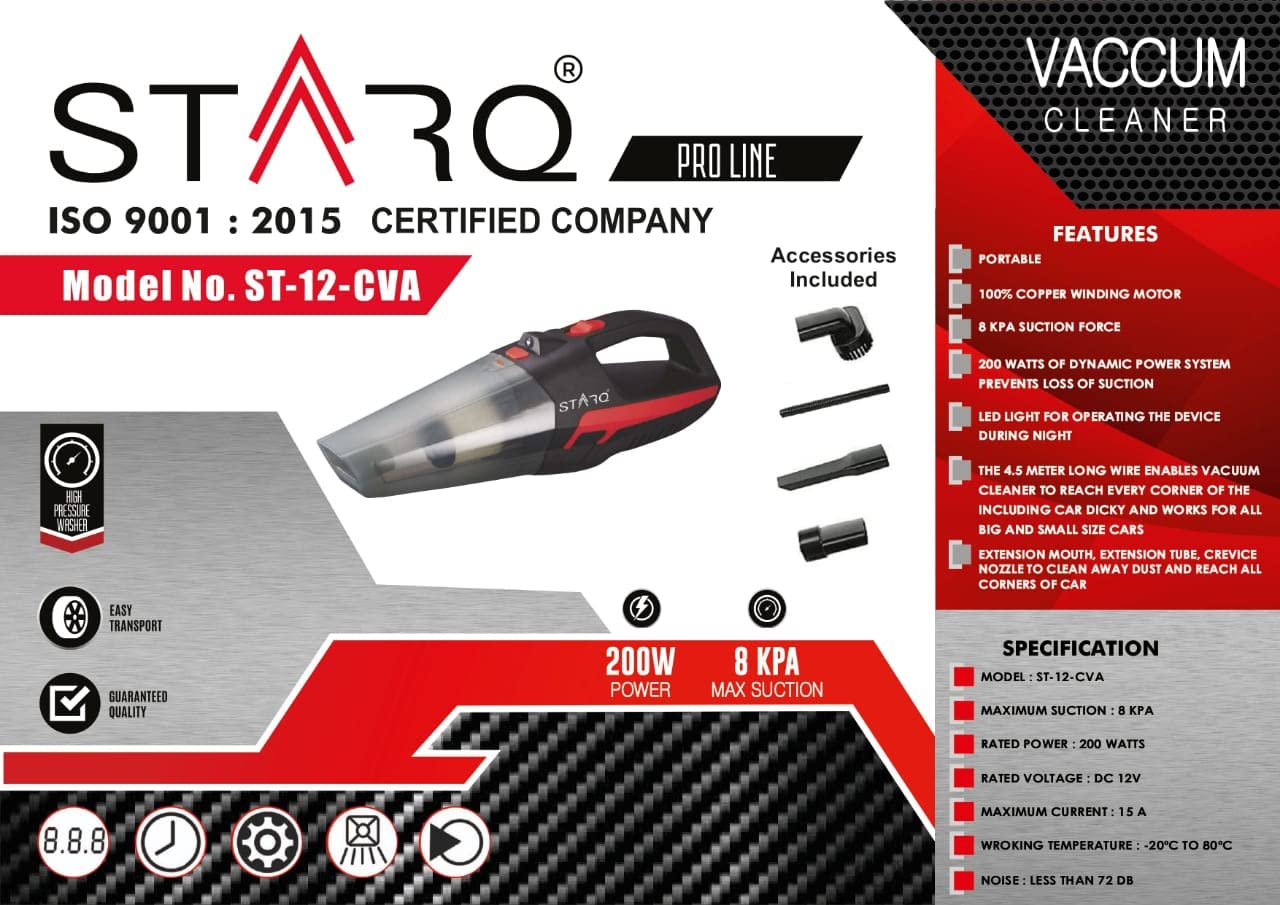 STARQ Car Vacuum Cleaner with 200 Watts Powerful Suction with Washable HEPA Filter Comes with Multiple Accessories